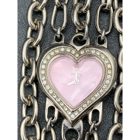 VTG Rare Y2K Guess Silver Tone Chain Pink Heart Watch Bracelet Charms 90s - Picture 3 of 10